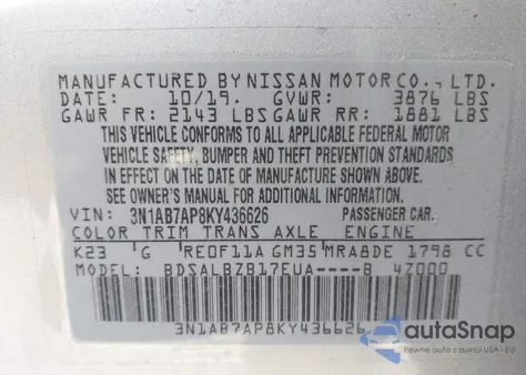 2019 Nissan Sentra S z USA, uszkodzony, nr VIN 3N1AB7AP8KY436626